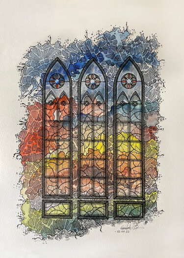 Schilderij getiteld "Gothic Dreams" door Humberto Cesar Pornaro, Origineel Kunstwerk, Aquarel Gemonteerd op Houten paneel