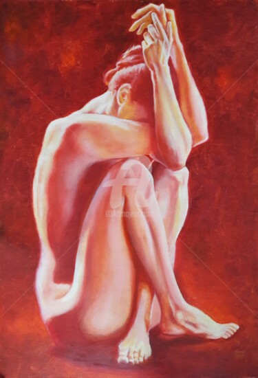 Painting titled "Seated woman in red" by Husnu Konuk, Original Artwork, Oil