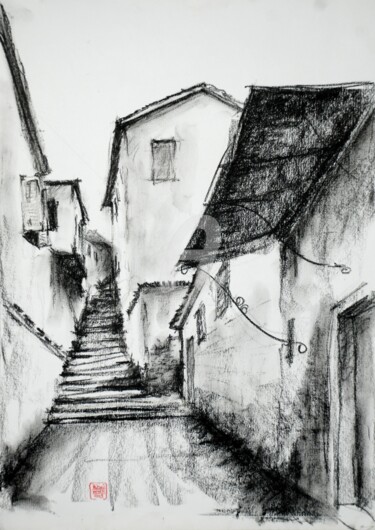 Drawing titled "Old Street" by Husnu Konuk, Original Artwork, Charcoal