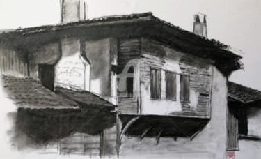 Drawing titled "Old House" by Husnu Konuk, Original Artwork, Charcoal