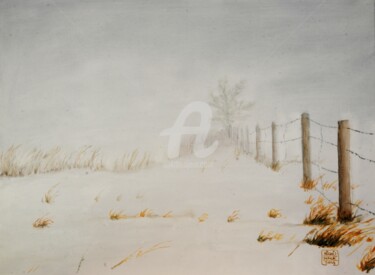 Painting titled "Field under snow" by Husnu Konuk, Original Artwork, Oil