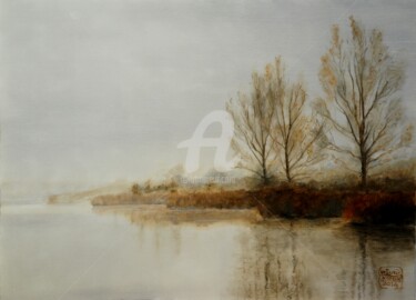Painting titled "Foggy shores" by Husnu Konuk, Original Artwork, Oil
