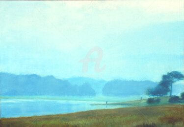 Painting titled "Foggy lake morning" by Husnu Konuk, Original Artwork, Oil