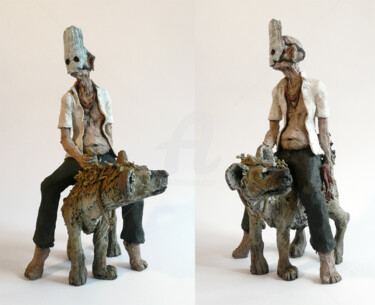 Sculpture intitulée "Hyène montée" par Hyane, Œuvre d'art originale, Céramique