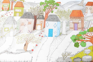 Zeichnungen mit dem Titel "Village Coloré" von I. Clergeaud, Original-Kunstwerk, Bleistift