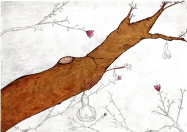 Dessin intitulée "Fleurs de Cerisier" par I. Clergeaud, Œuvre d'art originale, Crayon