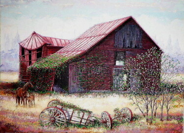 Pintura intitulada "Barn on Wiebel Aven…" por I. Joseph, Obras de arte originais, Óleo