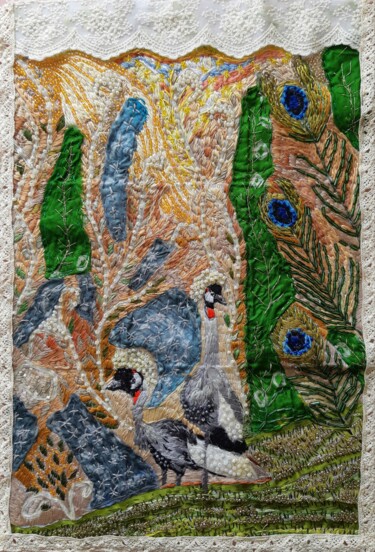 Arte textil titulada "Cranebirds" por I Khan, Obra de arte original, Bordado