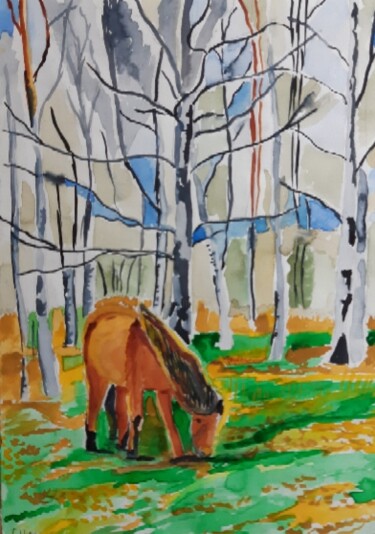 Schilderij getiteld "The Lonly Horse" door I Khan, Origineel Kunstwerk, Aquarel