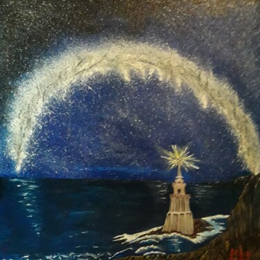 Drawing titled "phare du ciel noctu…" by Iakim, Original Artwork, Acrylic Mounted on Wood Stretcher frame