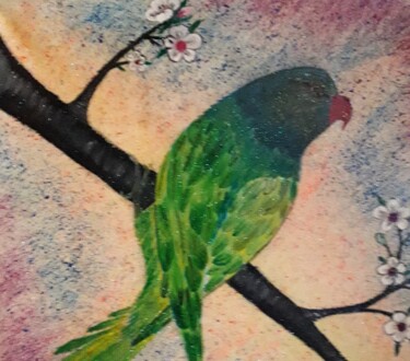 제목이 "perroquet sur une b…"인 그림 Iakim로, 원작, 아크릴 나무 들것 프레임에 장착됨