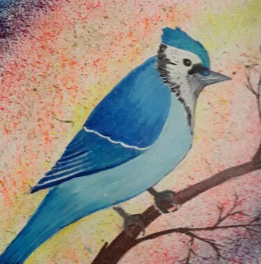 Drawing titled "Oiseau bleu" by Iakim, Original Artwork, Acrylic Mounted on Wood Stretcher frame