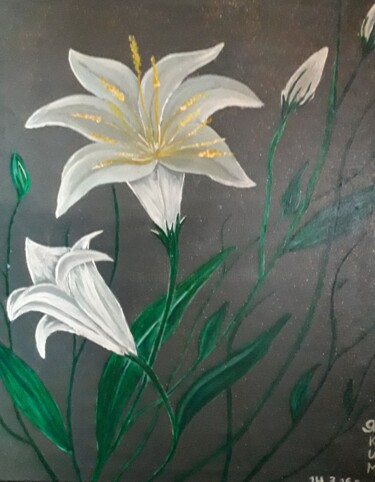 Rysunek zatytułowany „fleurs de lys blanc” autorstwa Iakim, Oryginalna praca, Akryl Zamontowany na Drewniana rama noszy