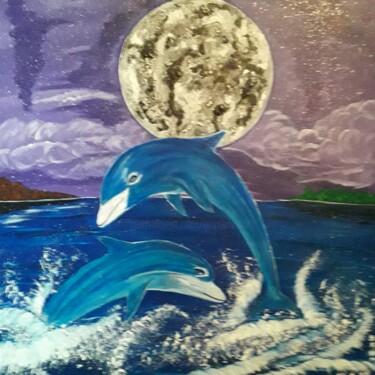 Drawing titled "deux dauphins" by Iakim, Original Artwork, Acrylic Mounted on Wood Stretcher frame