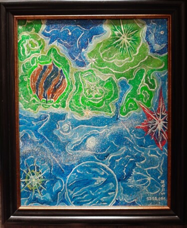 Drawing titled "la planète bleue" by Iakim, Original Artwork, Acrylic Mounted on Cardboard