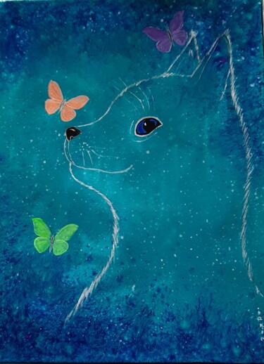 Рисунок под названием "le chat  romantique" - Iakim, Подлинное произведение искусства, Акрил Установлен на Деревянная рама д…
