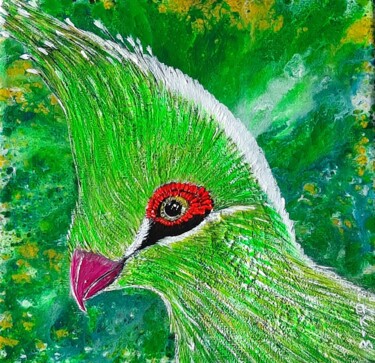 Drawing titled "oiseau touraco" by Iakim, Original Artwork, Acrylic Mounted on Wood Stretcher frame