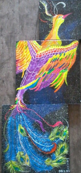 Dessin intitulée "oiseau de feu dans…" par Iakim, Œuvre d'art originale, Acrylique Monté sur Châssis en bois