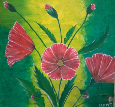 Drawing titled "les coquelicots" by Iakim, Original Artwork, Acrylic Mounted on Wood Stretcher frame