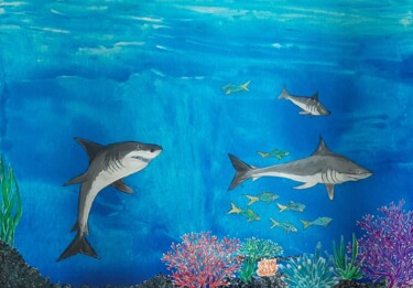 Disegno intitolato "famille de requins" da Iakim, Opera d'arte originale, Acrilico Montato su Telaio per barella in legno