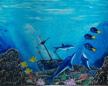 Drawing titled "dauphins près du na…" by Iakim, Original Artwork, Acrylic Mounted on Wood Stretcher frame