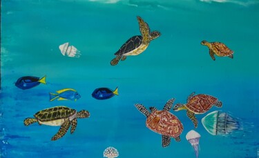 Drawing titled "tortues de mer dans…" by Iakim, Original Artwork, Acrylic Mounted on Wood Stretcher frame