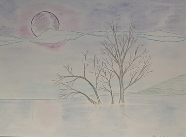 Drawing titled "lune et arbre dans…" by Iakim, Original Artwork, Pencil