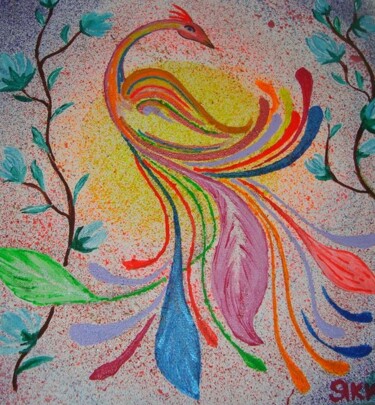 Рисунок под названием "L'oiseau soleil" - Iakim, Подлинное произведение искусства, Акрил Установлен на Деревянная рама для н…