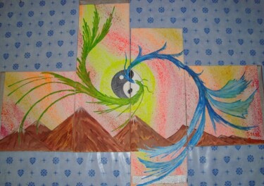 Tekening getiteld "dragons du bien et…" door Iakim, Origineel Kunstwerk, Acryl Gemonteerd op Frame voor houten brancard