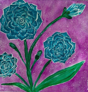 "fleurs turquoises s…" başlıklı Resim Iakim tarafından, Orijinal sanat, Akrilik Ahşap Sedye çerçevesi üzerine monte edilmiş
