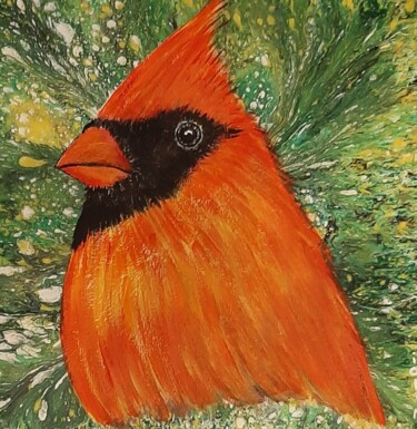 Drawing titled "L'oiseau cardinal r…" by Iakim, Original Artwork, Acrylic Mounted on Wood Stretcher frame