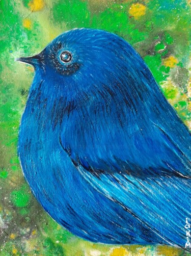 Drawing titled "Petit oiseau bleu" by Iakim, Original Artwork, Acrylic Mounted on Wood Stretcher frame