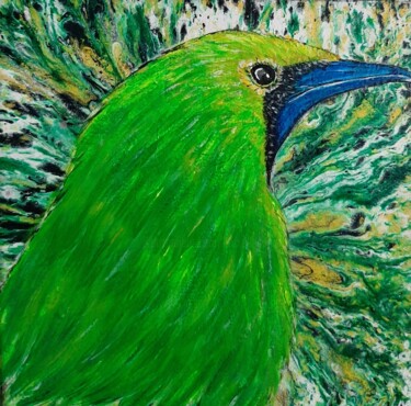 Drawing titled "L'oiseau vert" by Iakim, Original Artwork, Acrylic Mounted on Wood Stretcher frame
