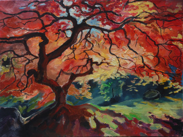 Painting titled "Autumn tree with re…" by Iaroslav Hmelnitki, Original Artwork, Oil