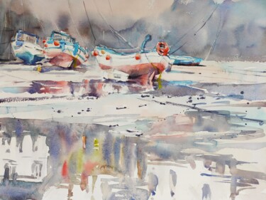 Peinture intitulée "Lynmouth Harbour" par Ibolya Taligas, Œuvre d'art originale, Aquarelle