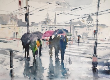 Painting titled "At the red light" by Ibolya Taligas, Original Artwork, Watercolor