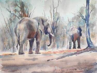Painting titled "Elephants at Liwond…" by Ibolya Taligas, Original Artwork, Watercolor