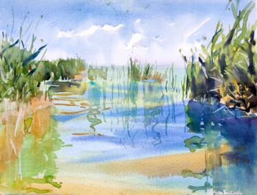 Painting titled "Lake Reflections" by Ibolya Taligas, Original Artwork, Watercolor