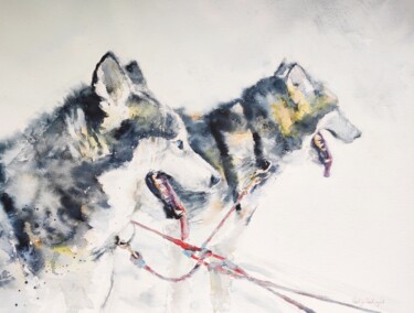 Painting titled "Huskies" by Ibolya Taligas, Original Artwork, Watercolor