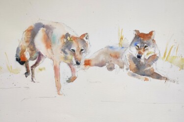 Painting titled "Wolves" by Ibolya Taligas, Original Artwork, Watercolor