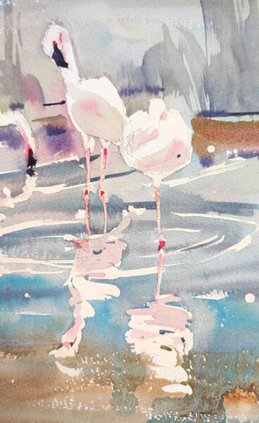 Painting titled "Pink Flamingos" by Ibolya Taligas, Original Artwork, Watercolor