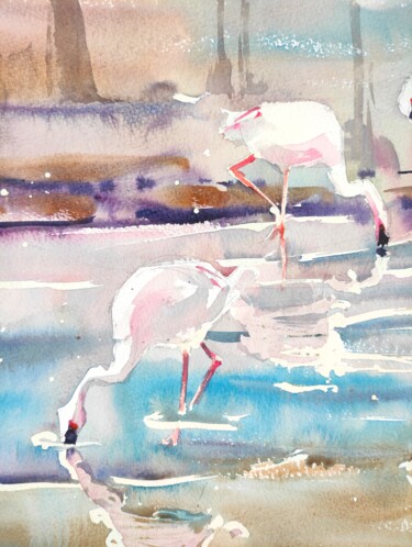 Pintura intitulada "Pink Flamingos II." por Ibolya Taligas, Obras de arte originais, Aquarela