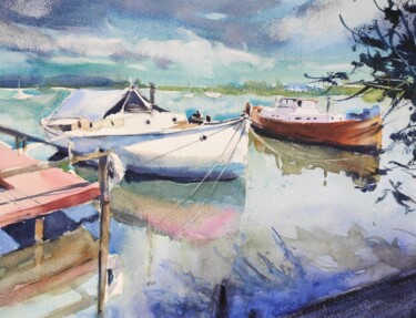 Painting titled "Mooring at Dell Quay" by Ibolya Taligas, Original Artwork, Watercolor