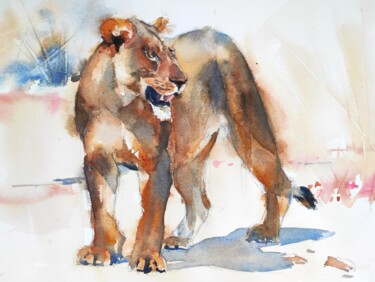 Pintura intitulada "Lioness" por Ibolya Taligas, Obras de arte originais, Aquarela