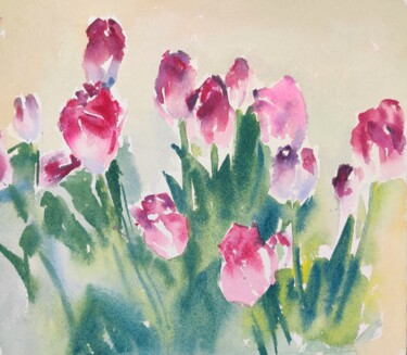Painting titled "Pink Tulips" by Ibolya Taligas, Original Artwork, Watercolor