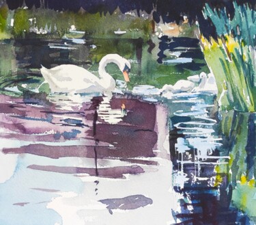 Картина под названием "Swan Lake" - Ibolya Taligas, Подлинное произведение искусства, Акварель