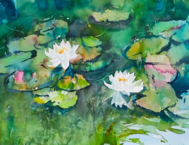 Malerei mit dem Titel "Waterlily Pond II." von Ibolya Taligas, Original-Kunstwerk, Aquarell