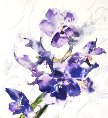 Картина под названием "Deep Purple Orchids" - Ibolya Taligas, Подлинное произведение искусства, Акварель