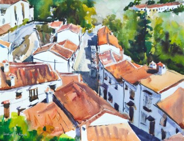 Painting titled "Red Roofs" by Ibolya Taligas, Original Artwork, Watercolor
