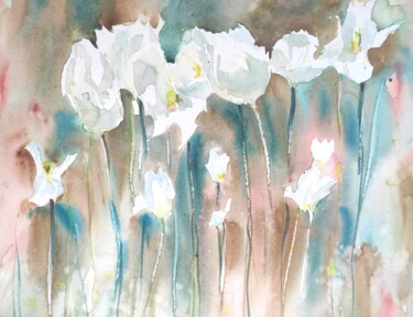 Painting titled "White Tulips" by Ibolya Taligas, Original Artwork, Watercolor